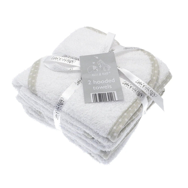 2 hooded towels in white with beige trim, tied with Elli & Raff ribbon gift packaging