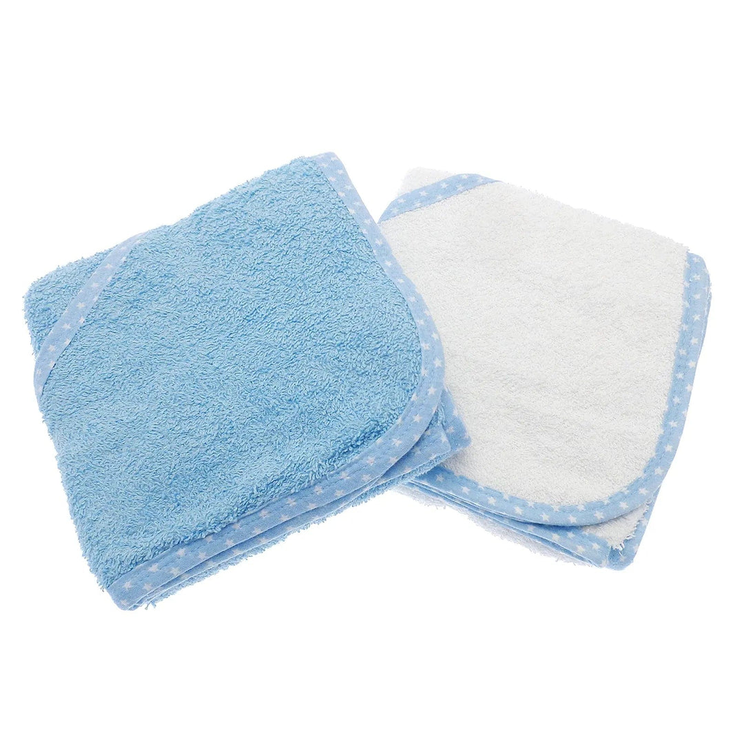 2 blue and white baby bath towels with hood