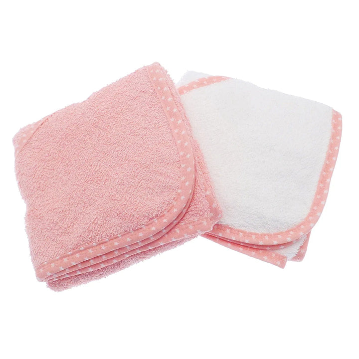 2 pink and white baby bath towels with hood