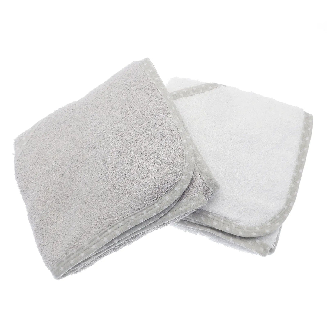 2 grey and white baby bath towels with hood