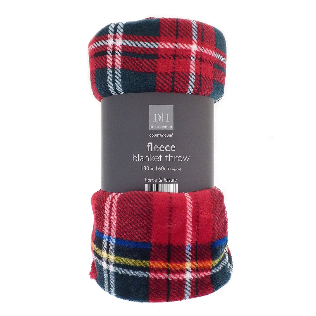 Red tartan style fleece banket throw rolled up in display band