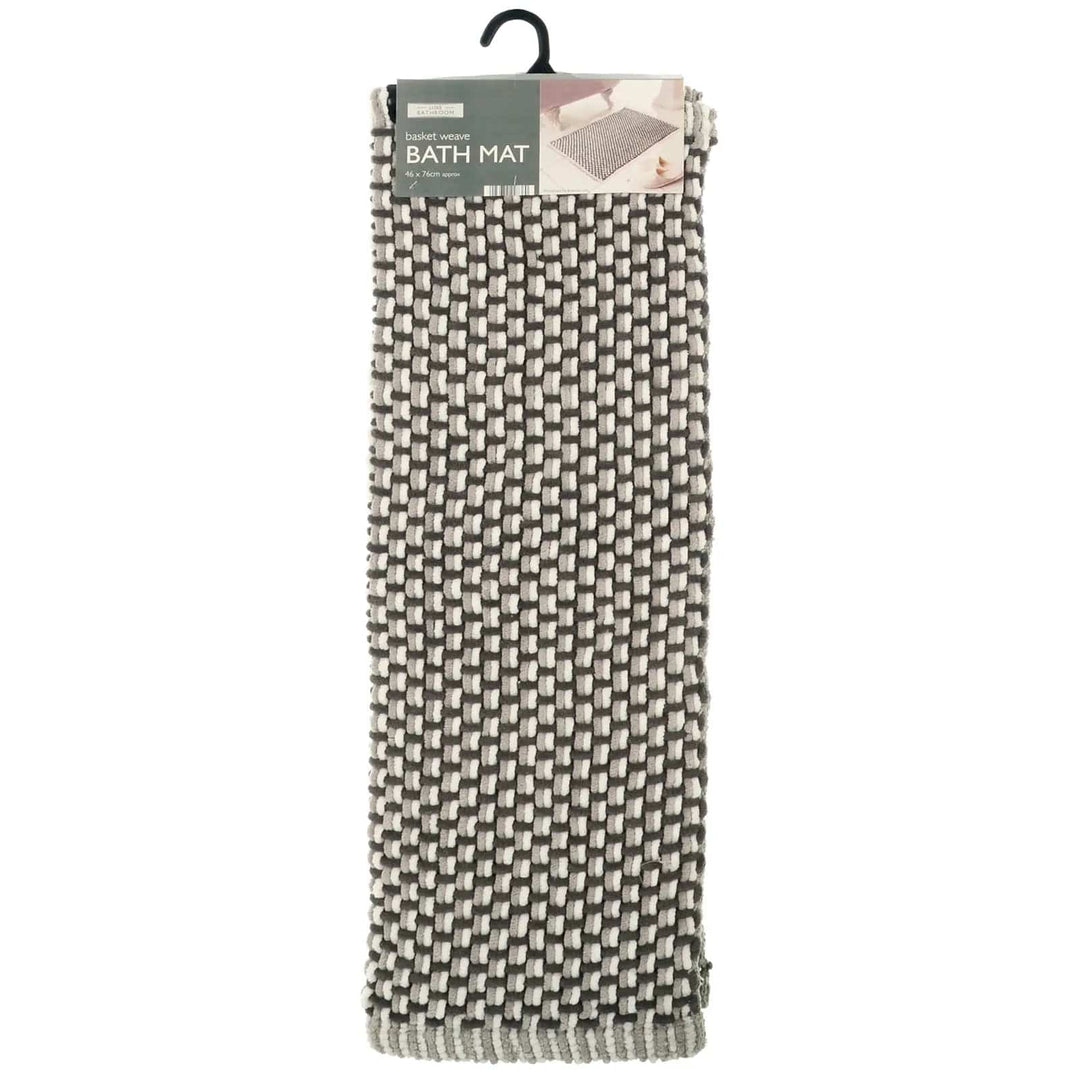 Folded bath mat in light and dark grey woven pattern with pack hanger