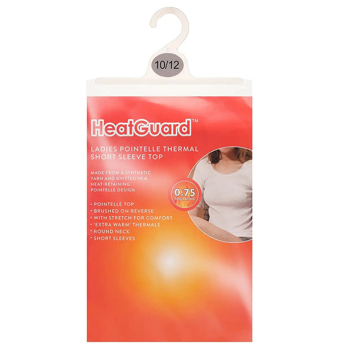 Packaging for HeatGuard ladies thermal short sleeve top in white