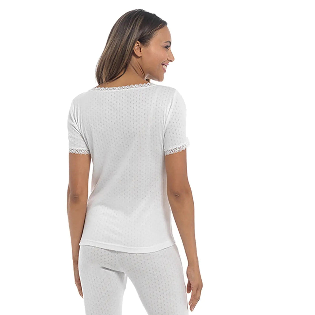 Back view of a model wearing a white thermal t-shirt and white thermal leggings