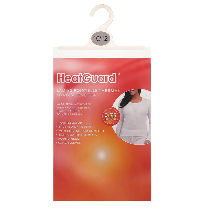 Packaging of HeatGuard white long sleeved thermal top for ladies