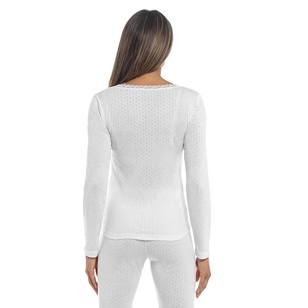 Back view of a lady wearing a white long sleeved thermal top and white thermal leggings