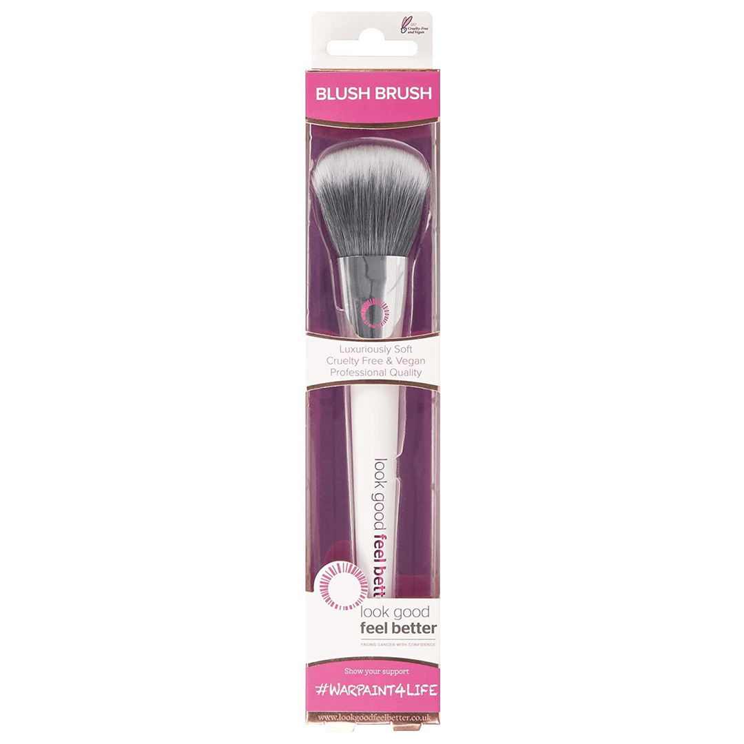 blush brush with white handle in pink and white cardboard box