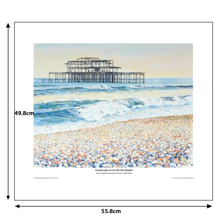 Dimensions of a limited edition print of the West Pier Brighton with waves and pebble beach