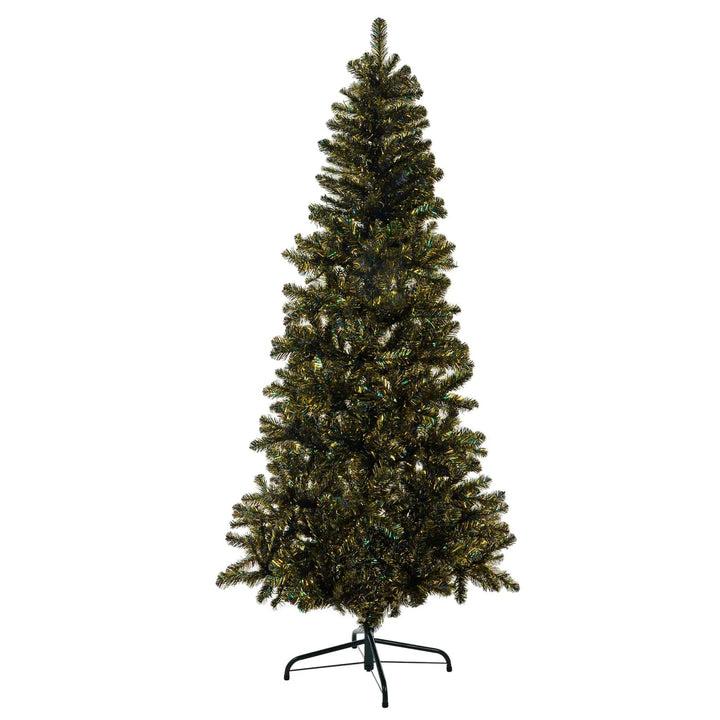 7ft slim Christmas tree with gold and iridescent green tinsel branches