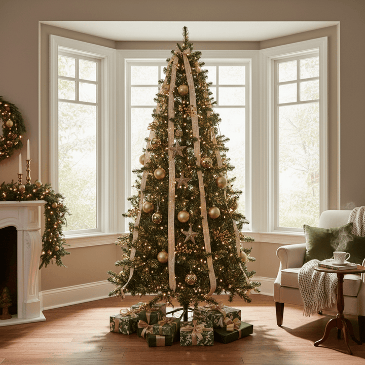 Enchanted tree dressed in Gold Ornaments and Bold Effect Ribbon with Gifts around the base.