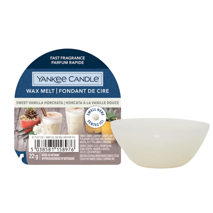 yankee candle sweet vanilla horchata max melt packaging with 1 white wax melt cup