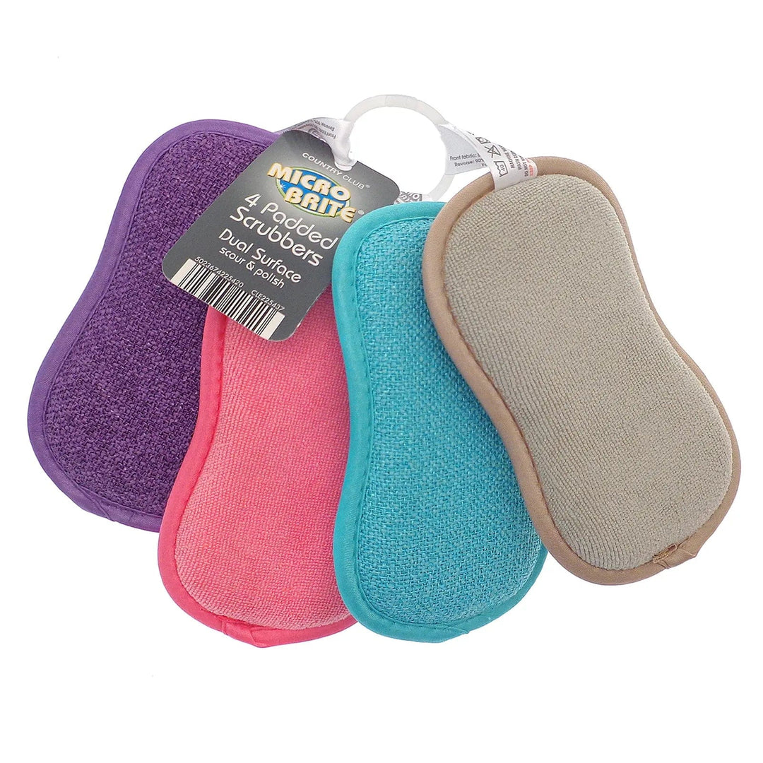 Set of 4 coloured padded microfibre scrubbers with dual side scour and polish, on a handy ring