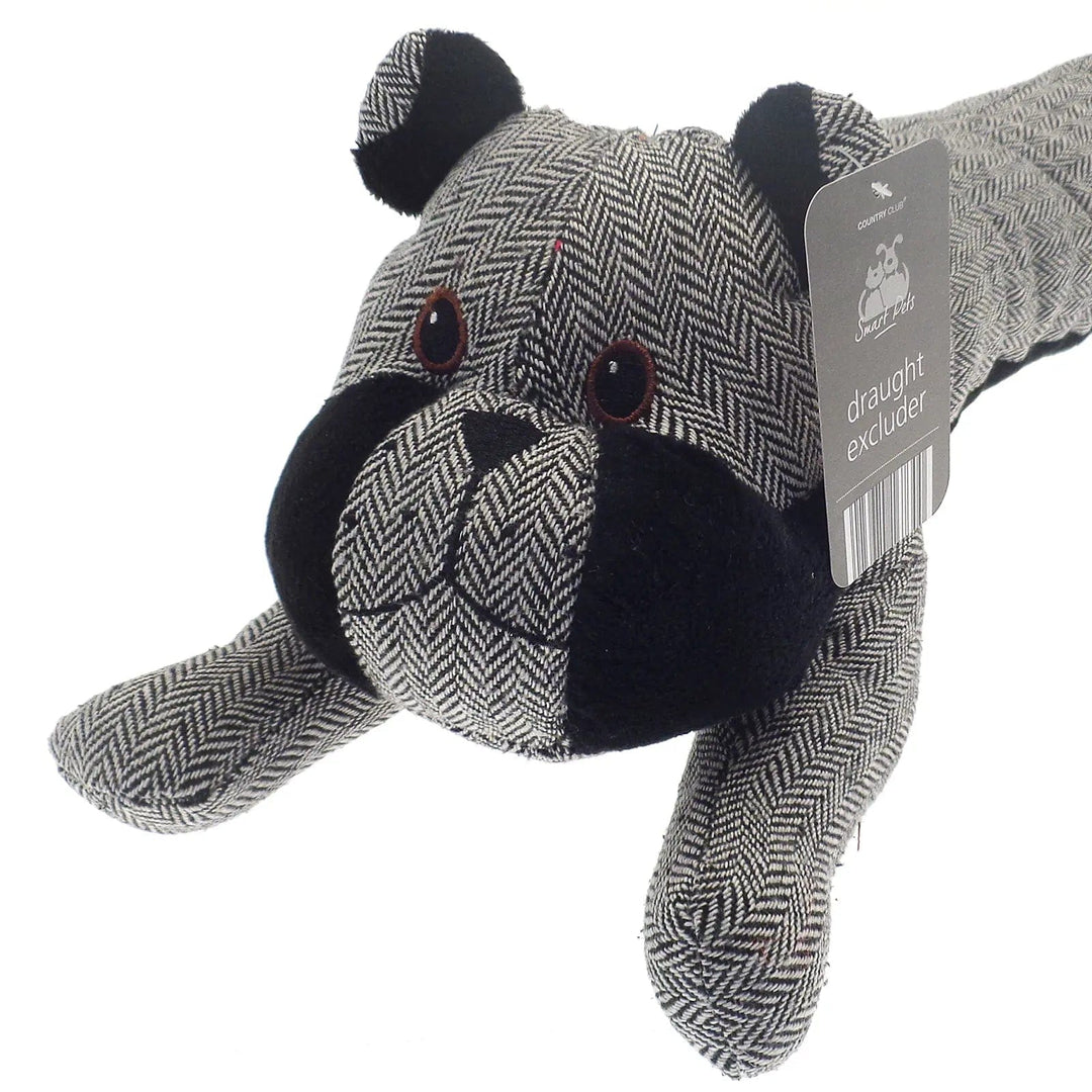 Close up of grey and black bulldog fabric novelty draught excluder