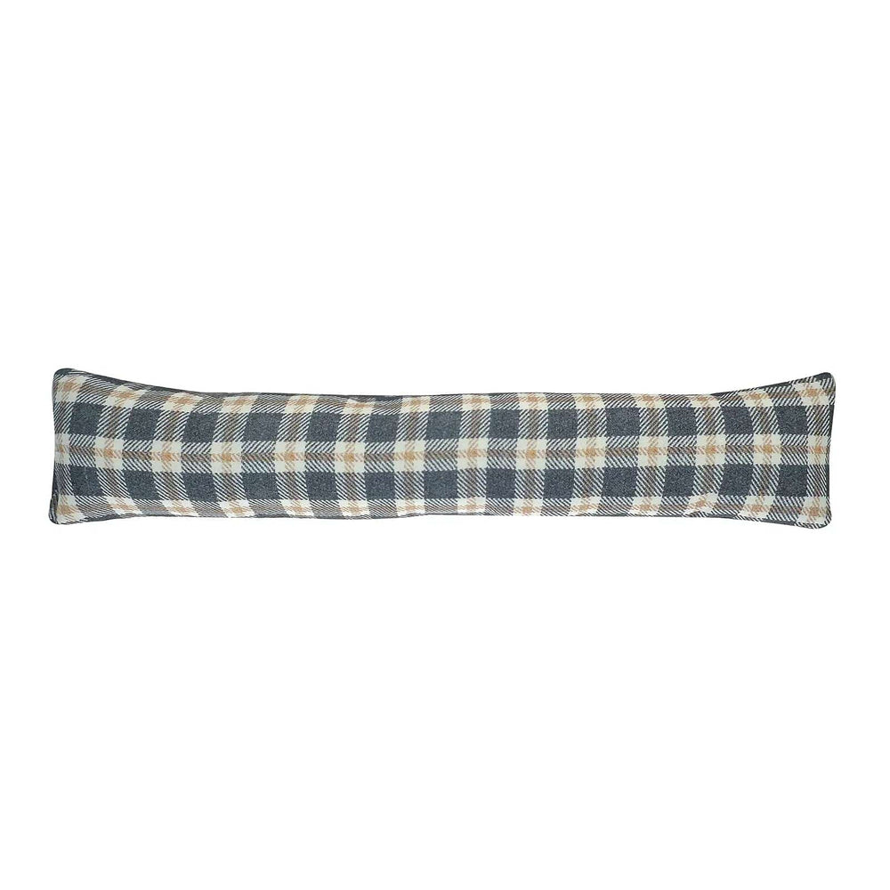 Draught excluder with checked pattern in greys and beige