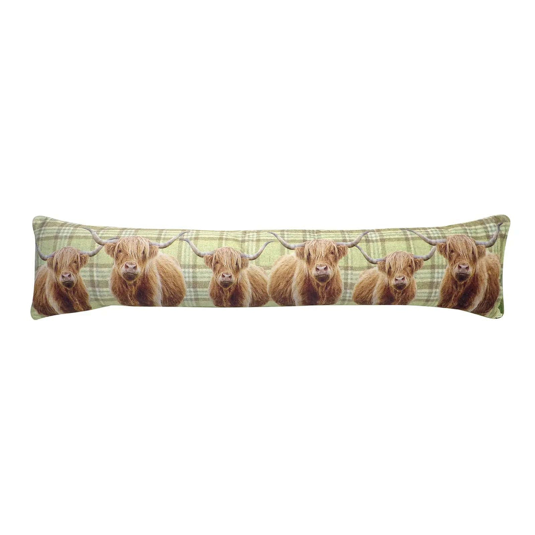 Draught excluder with highland cows and green tartan design