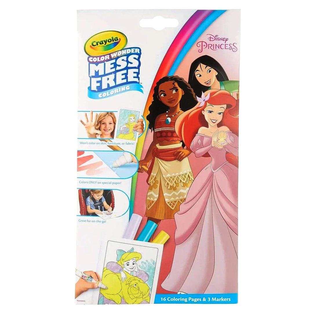 Pack of Disney Princess colouring pages and 3 pens from the Crayola Mess Free range