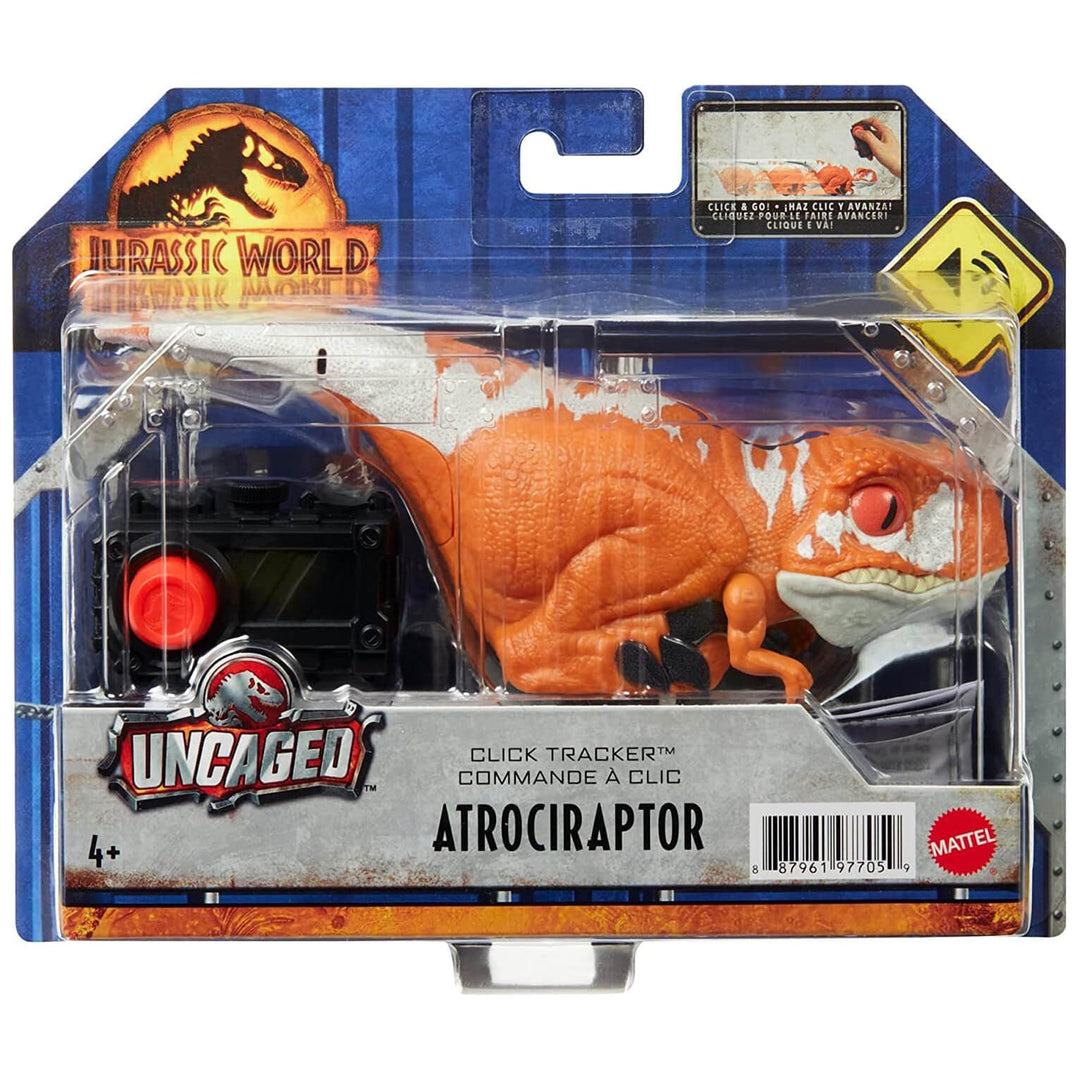 Jurassic World Dominion Uncaged Click Tracker Dinosaur Toy 17cm Atrociraptor Orange White