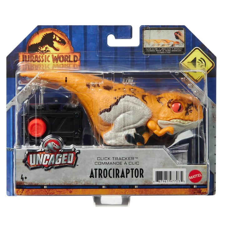 Jurassic World Dominion Uncaged Click Tracker Dinosaur Toy 17cm Atrociraptor Orange Brown