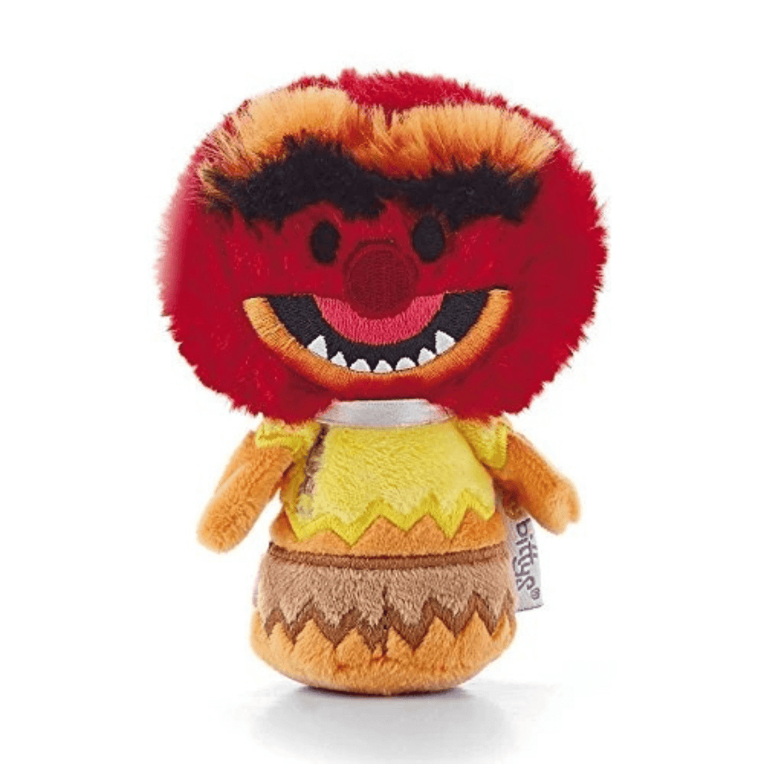 animal for the muppers Plush toy with a red and orange face, yellow shirt, and brown pants on a white background