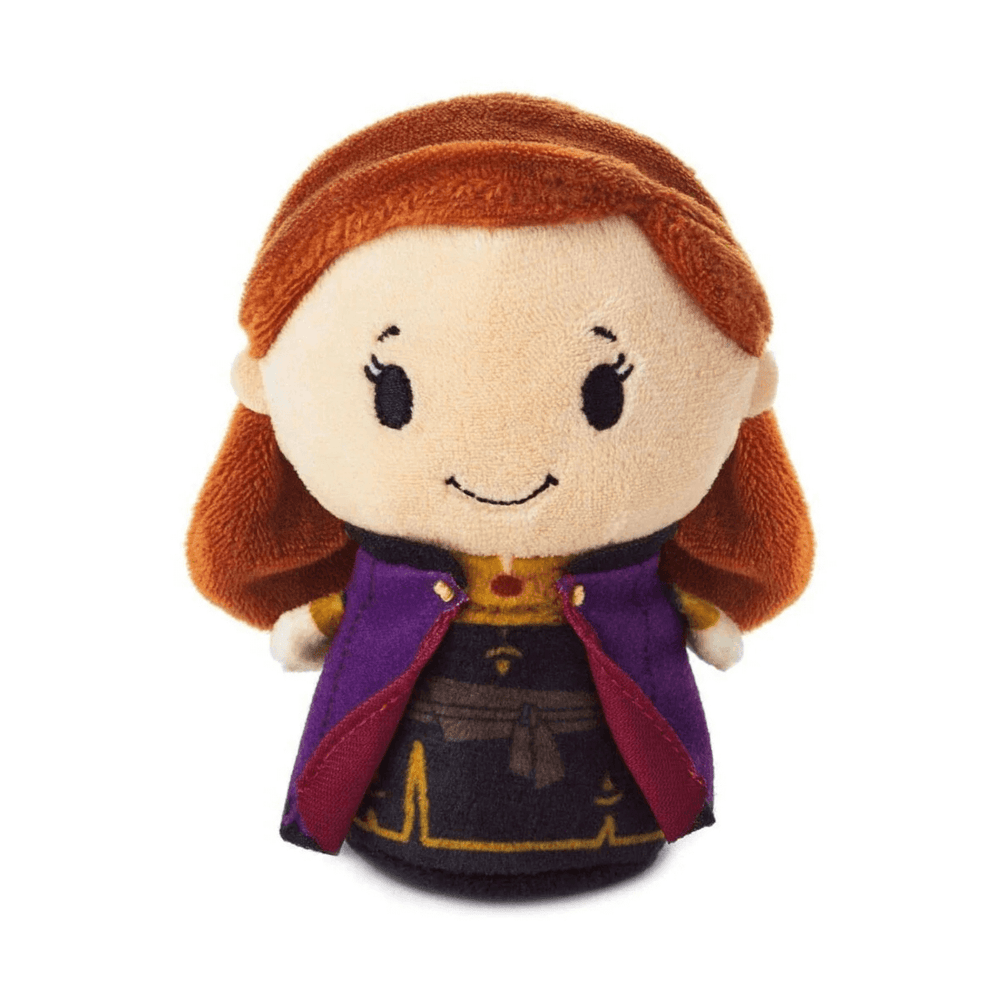 plush anna disney frozen toy with red hair and purple dress on white background