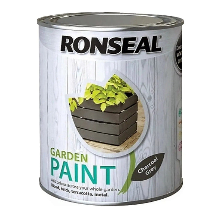 Charcoal grey dark colour tin of Ronseal Garden paint