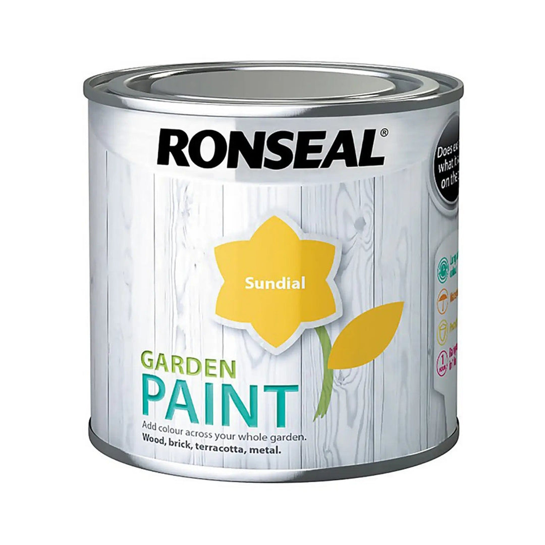 Sundial yellow colour tin of Ronseal Garden paint