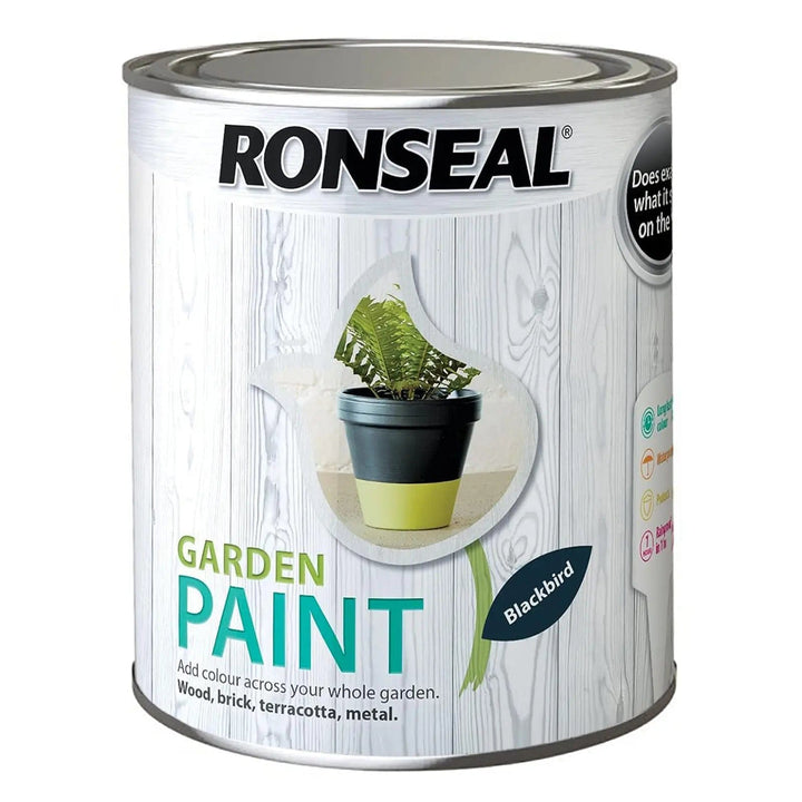 750ml tin of Blackbird colour Ronseal Garden paint