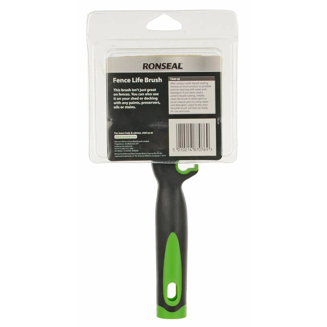 Back of the pack of a Ronseal Fence Life block brush for fences, sheds and decking