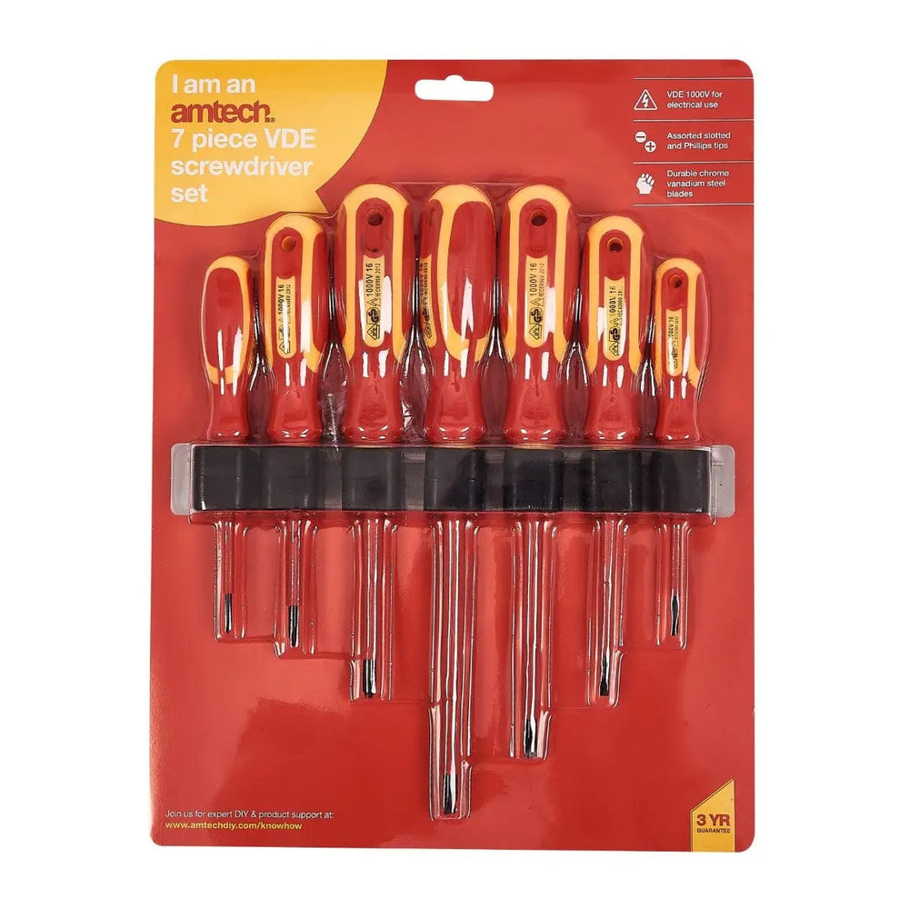 Set of 7 VDE electrical screwdrivers in Amtech clamshell packaging