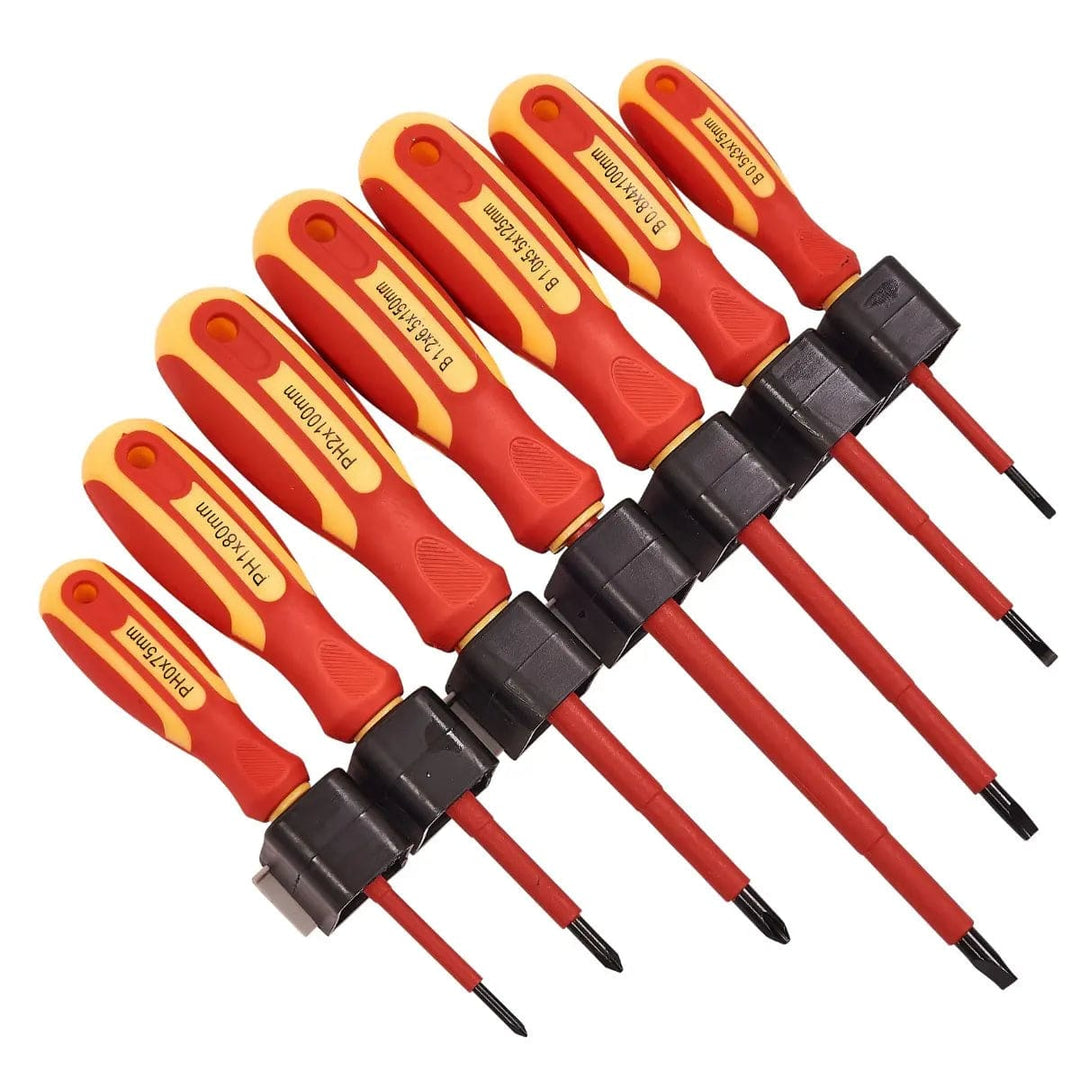 Set of 7 electrical screwdrivers with assorted slot and Phillips heads, on a storage rack