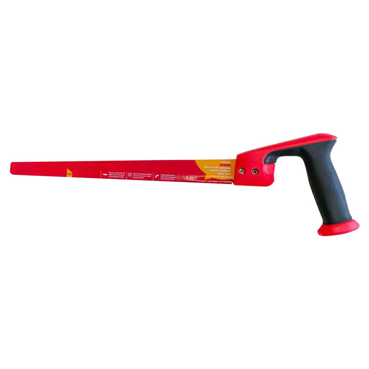 Amtech multi purpose narrow saw with red and black handle and protective sleeve packaging