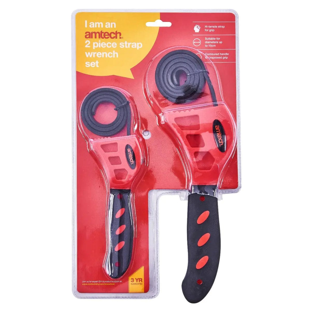 Amtech packaging of 2 piece adjustable strap wrenches in red and black 