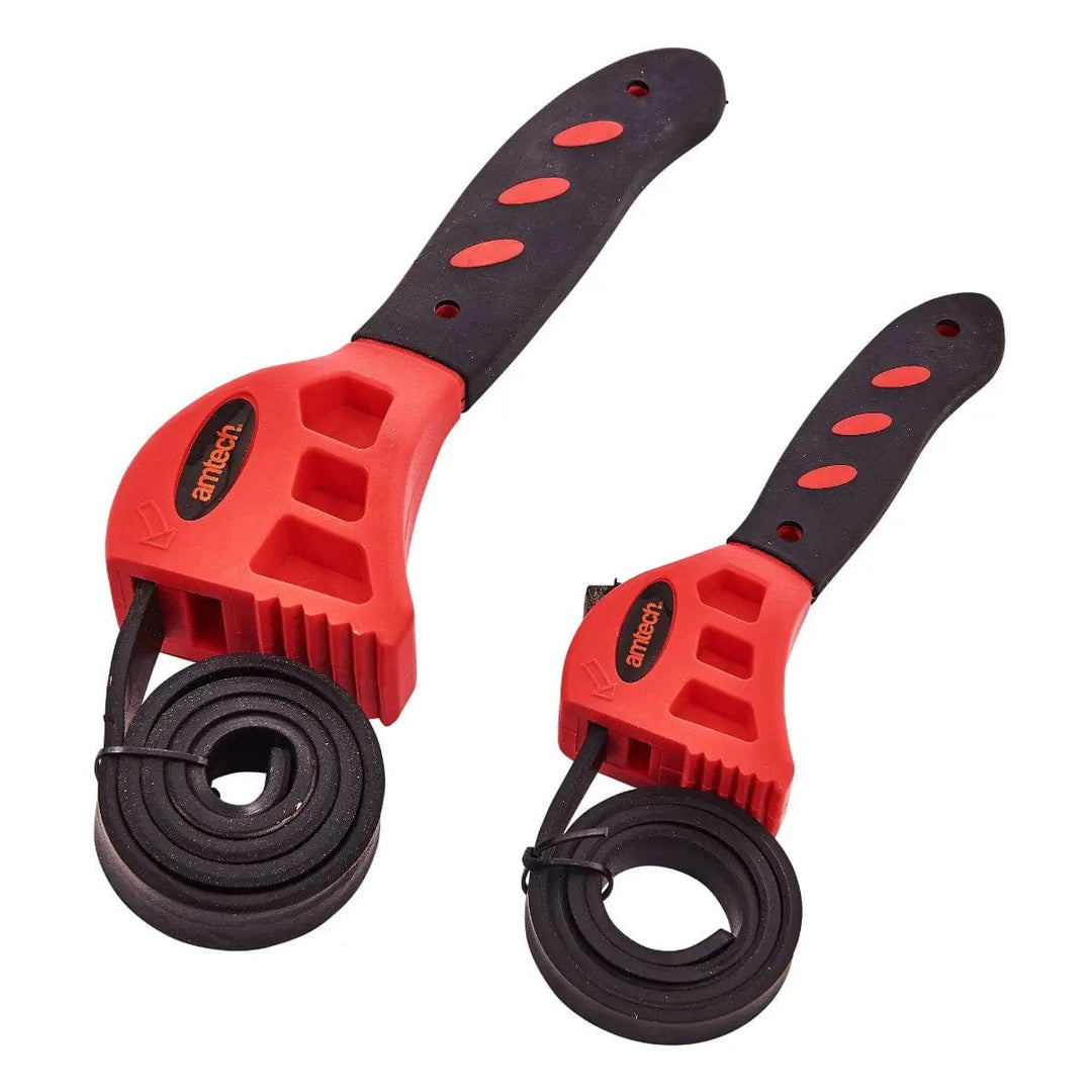 2 adjustable strap wrenches with red and black handles