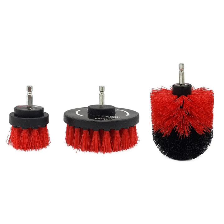 set of 3 red and black nylon cleaning brush attachments for cordless drills