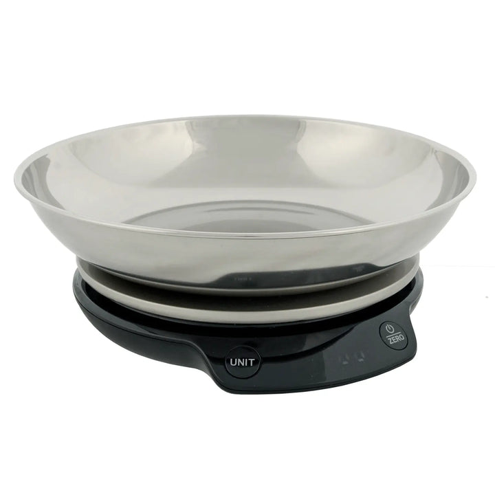 Kitchen scales with shallow stainless steel bowl and black base with zero function