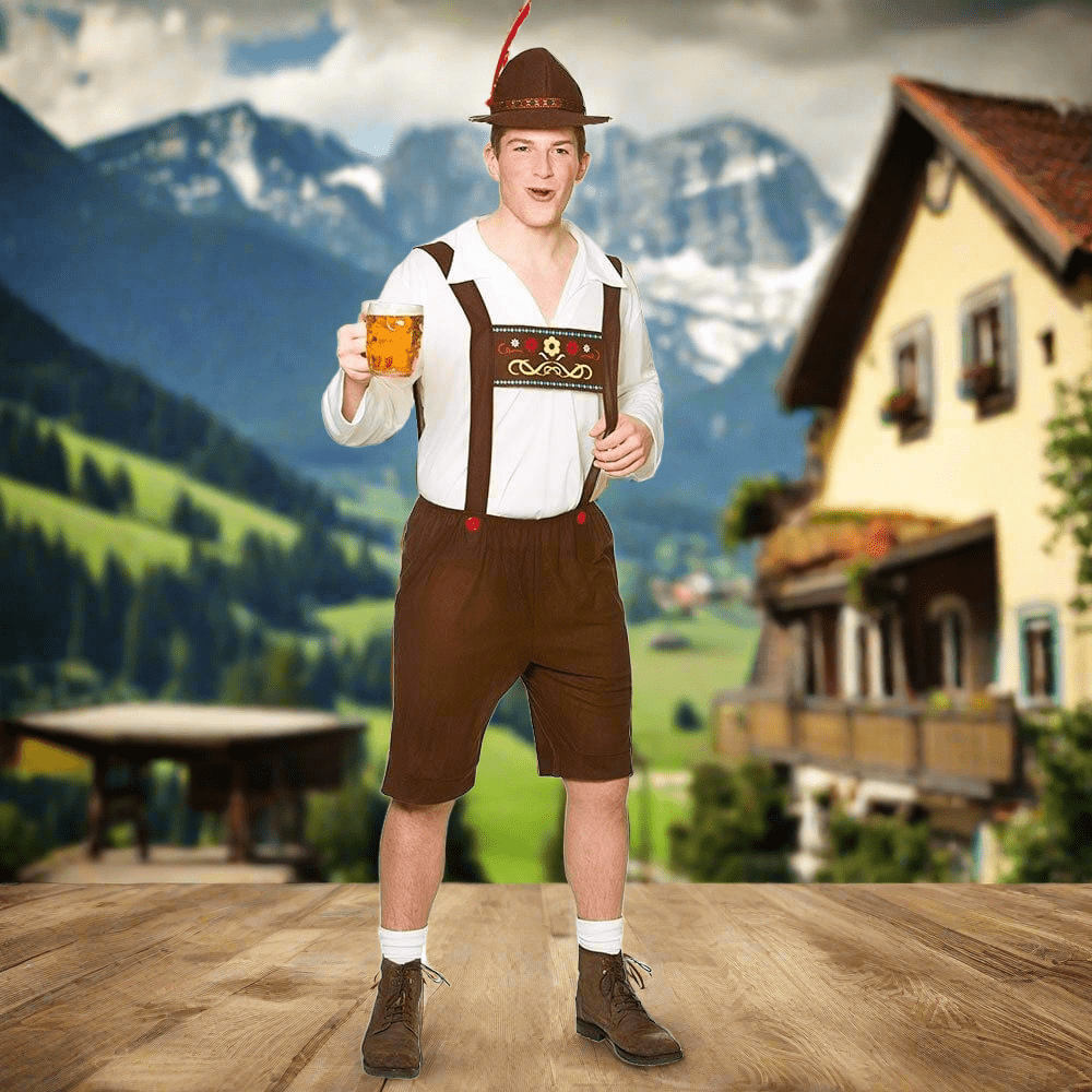 Bavarian Beer Guy Mens Fancy Dress with Bavarian backdrop