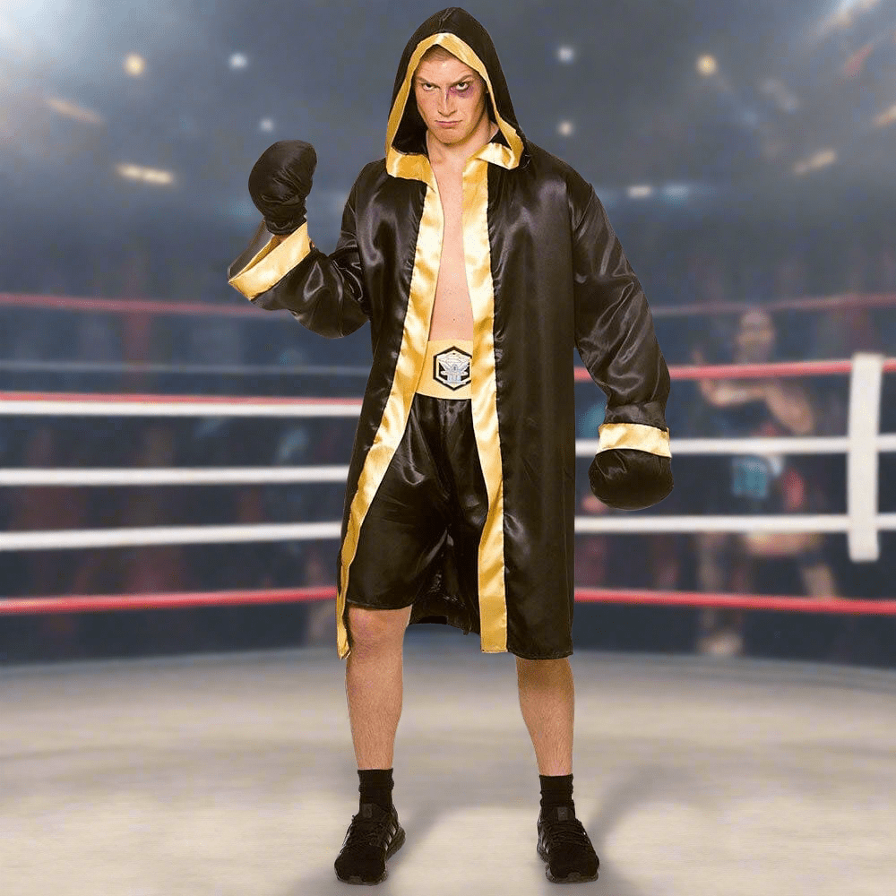 Champion Boxer Mens Fancy Dress Costume Hooded Robe Gloves One Size