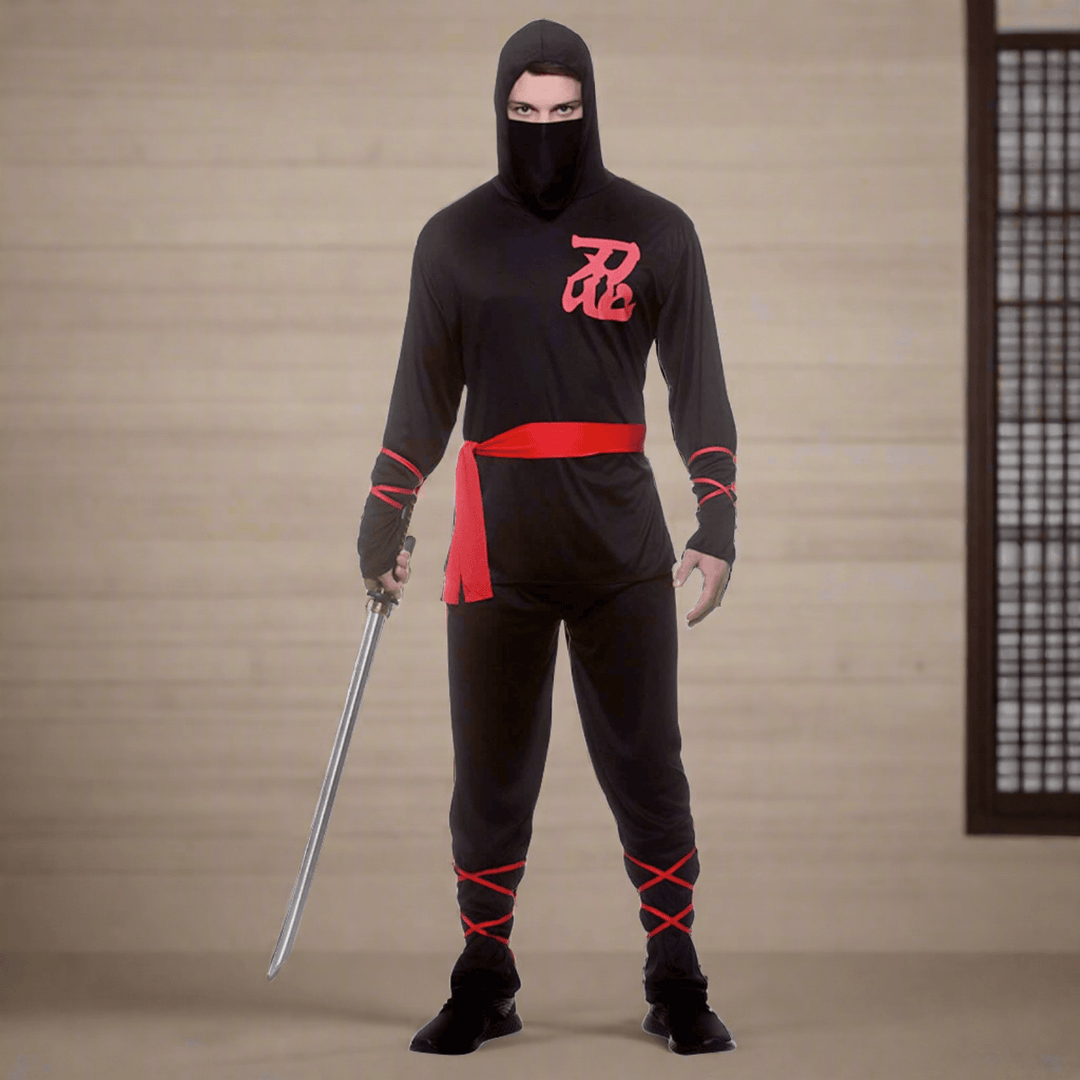 Mens Ninja Assassin Costume Black Red Ties Fancy Dress