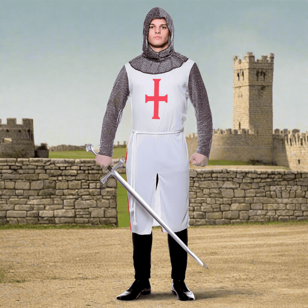 Mens Crusader Knight Costume White Tunic outside a castle