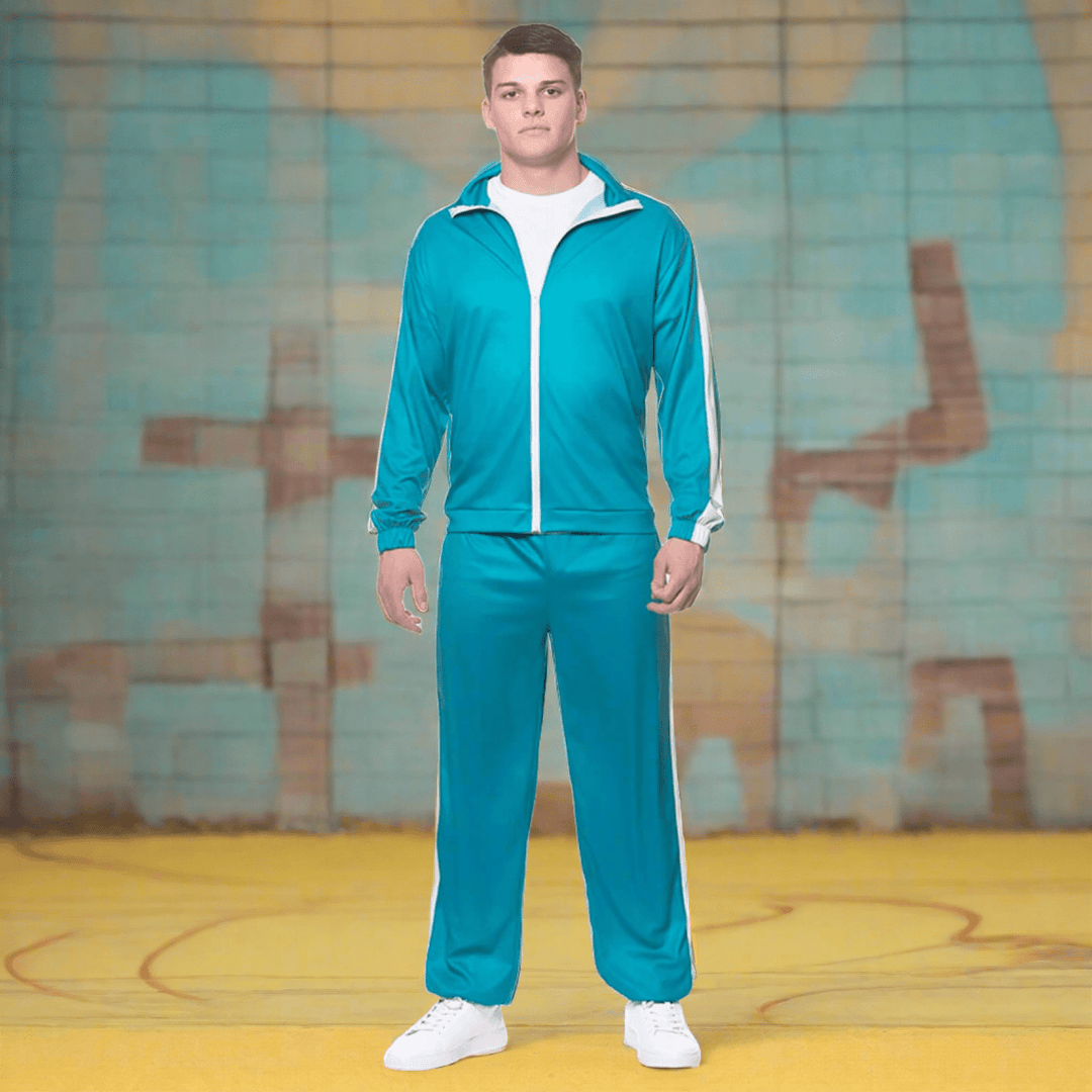 Adults Teal Tracksuit White Stripe Jogging Fancy Dress Costume