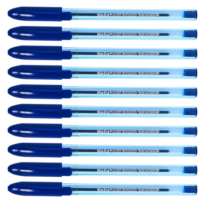 10 blue pens with clear barrels on a white background