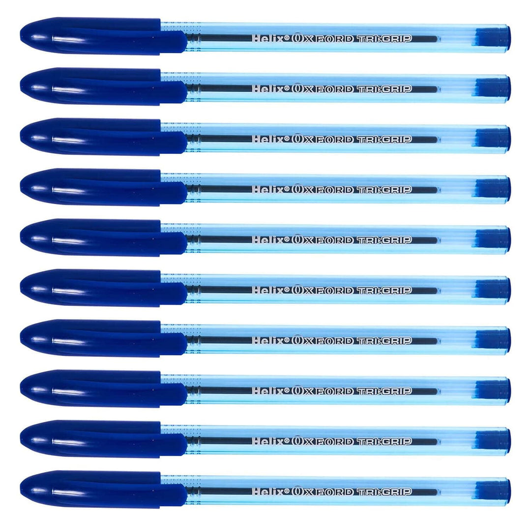 10 blue pens with clear barrels on a white background