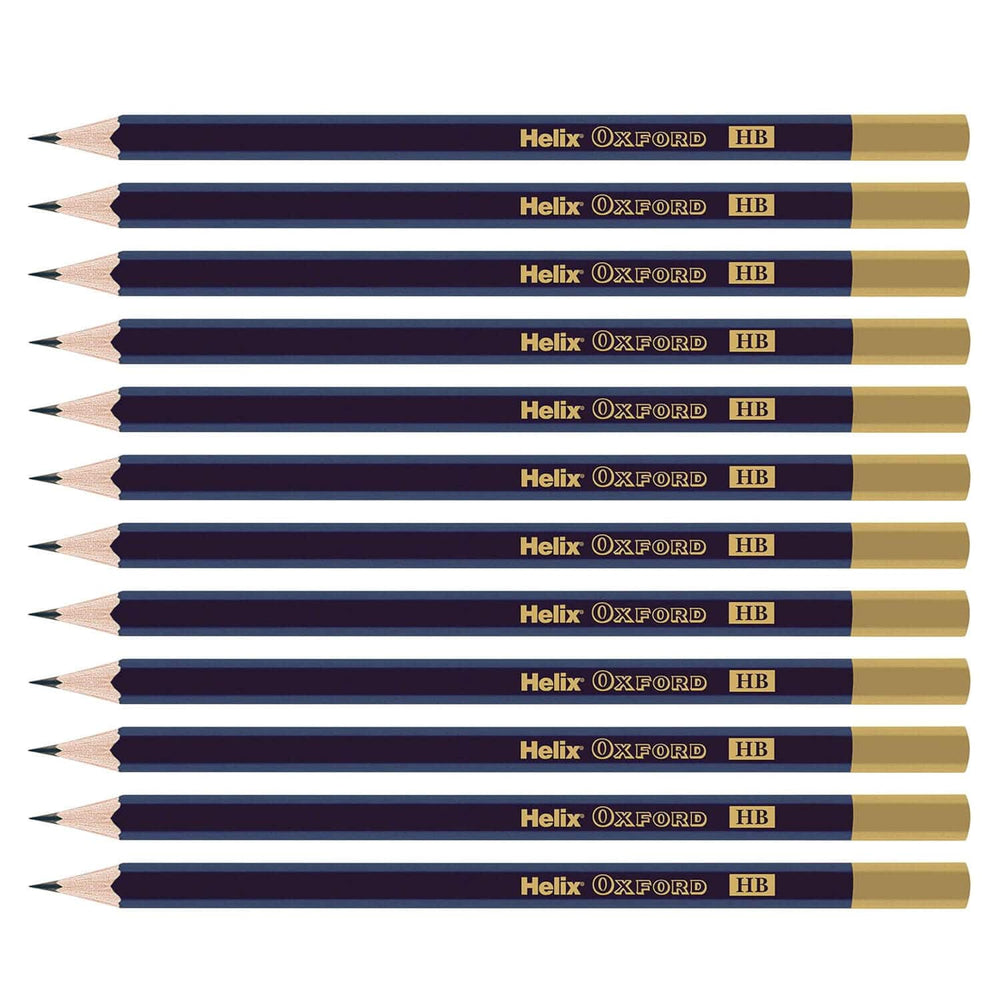 Multiple Helix Oxford HB pencils arranged in a row on a white background