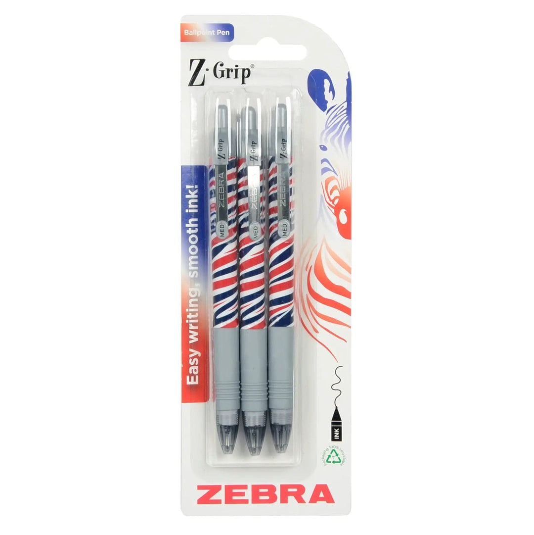 Pack of 3 Zebra Z-grip ballpoint pens in grey with red, black and white zebra pattern grips