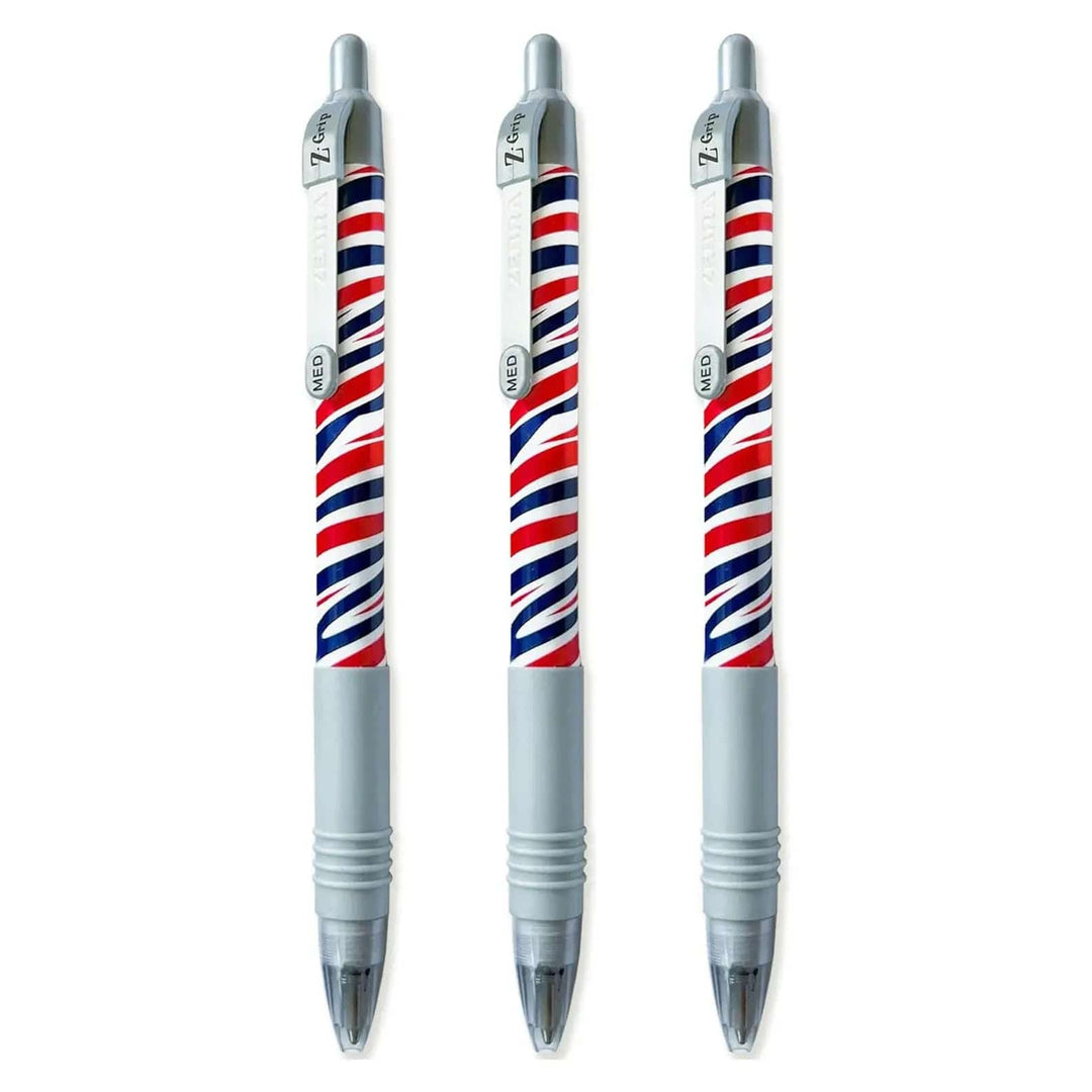 Set of 3 Z-Grip Zebra ballpoint pens with red white and black zebra pattern 