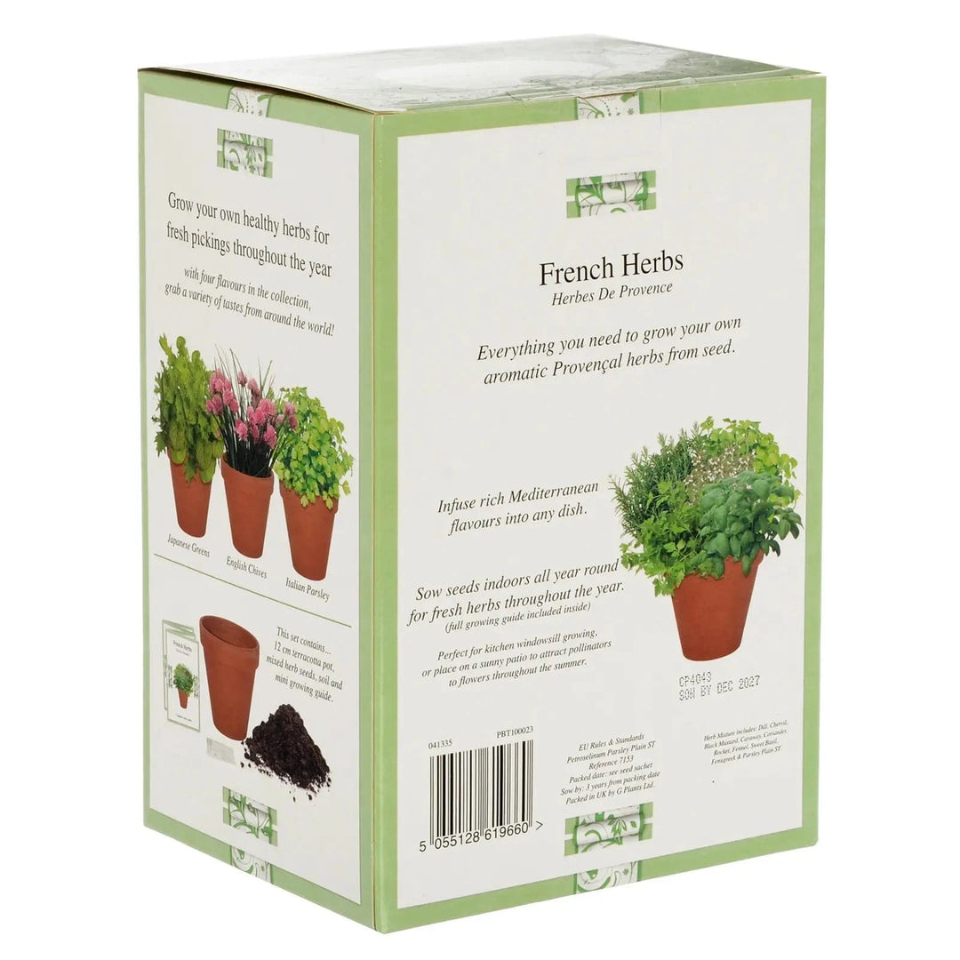 Back of the Gift box of grow your own French Herbs with terracotta pot