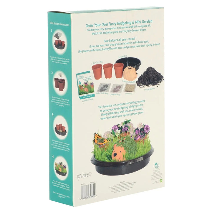 Back of the box of Grow your own furry hedgehog and mini garden