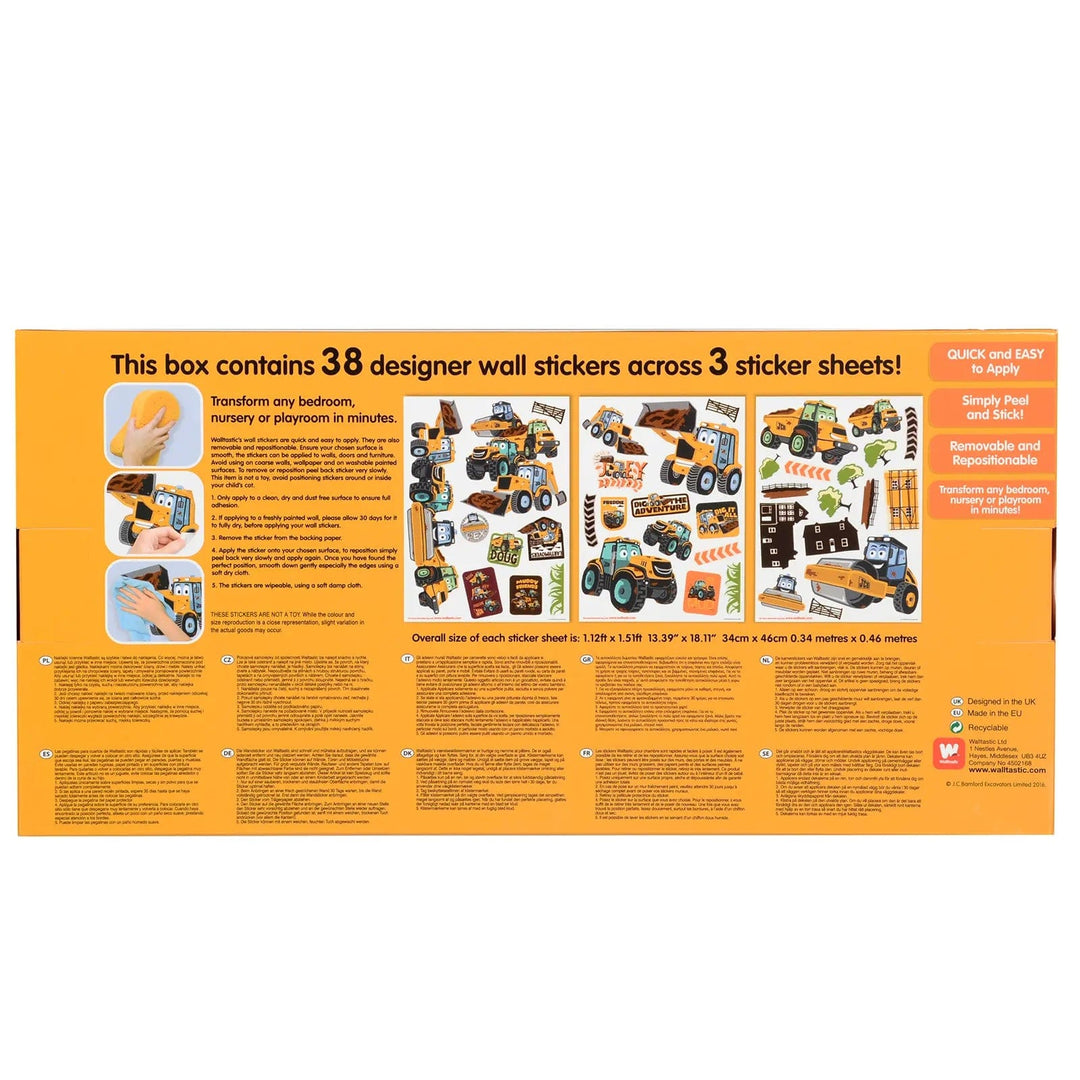 Back of the box of 38 JCB wall stickers that are quick and easy to apply