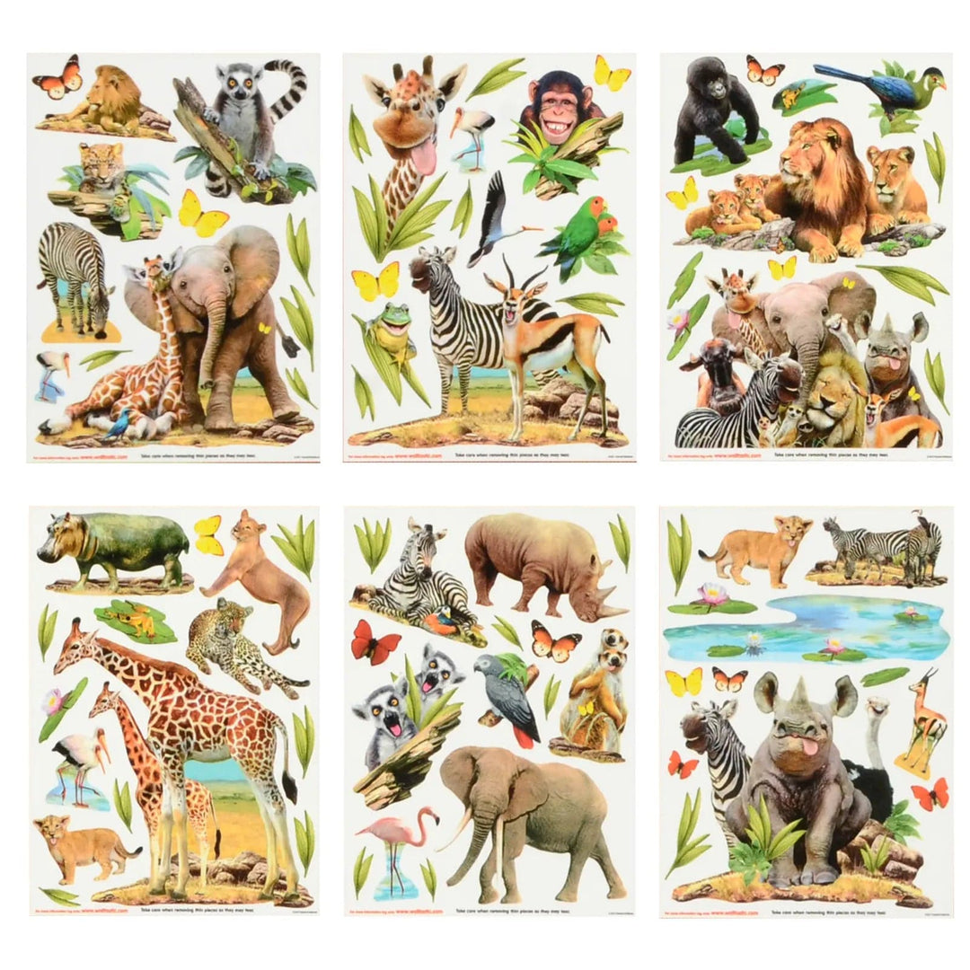 6 sheets of jungle safari stickers with animals, birds, plants and butterflies