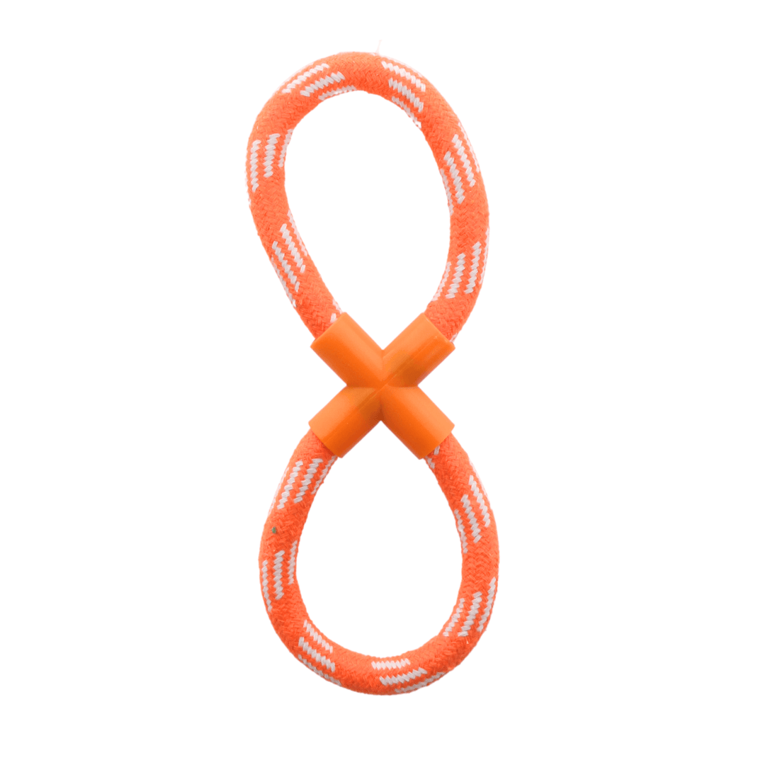 orange figure 8 dog toy with orange centre and white accents